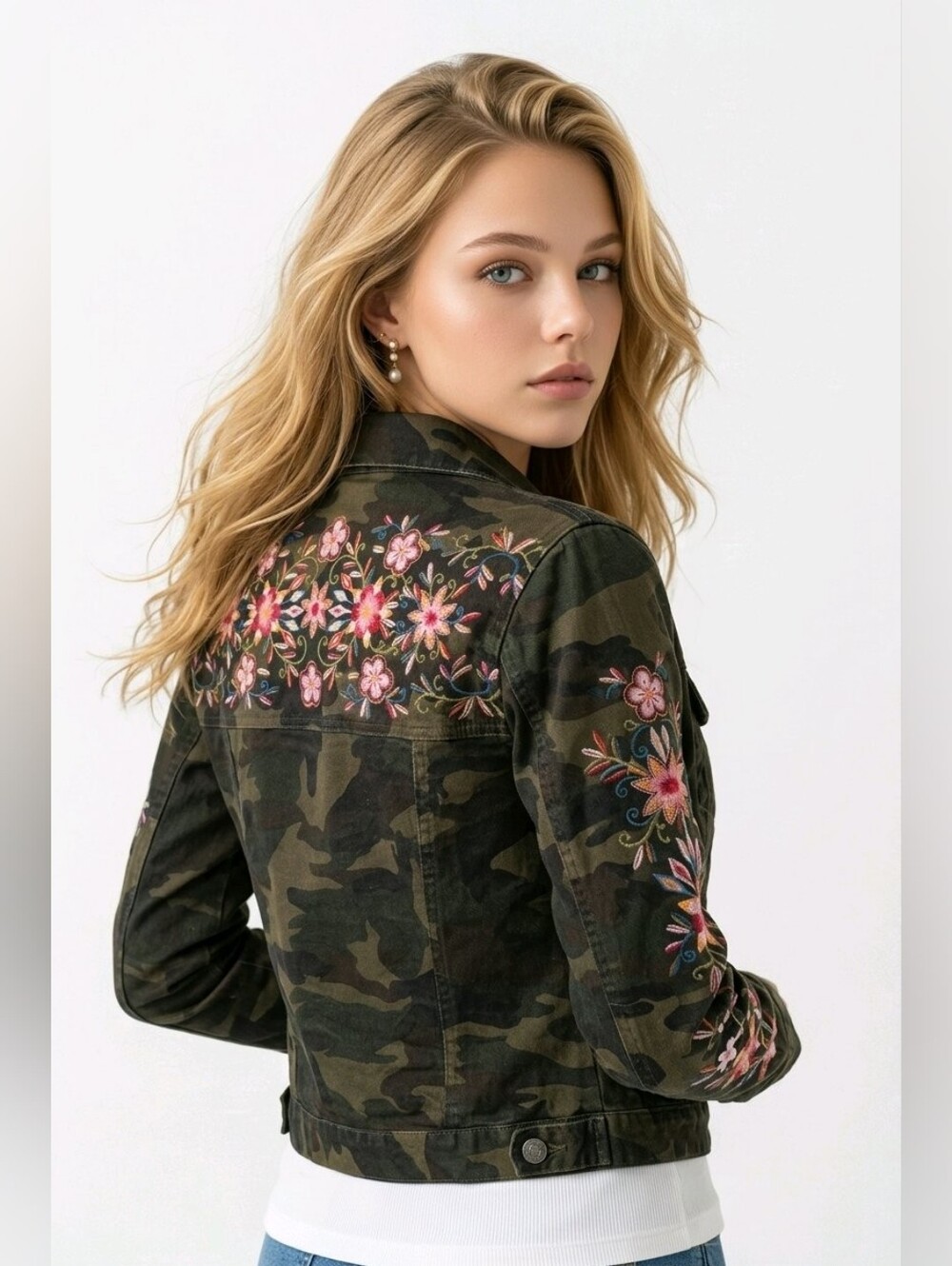 Savanna Jane Floral Embroidered Camo Jean Jacket